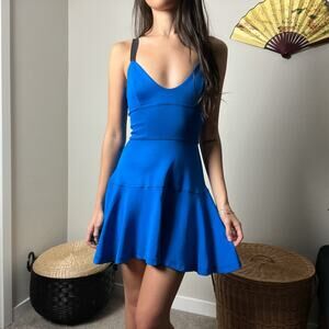 vintage betsey johnson blue v neck cross back strappy bandage fitted mini dress